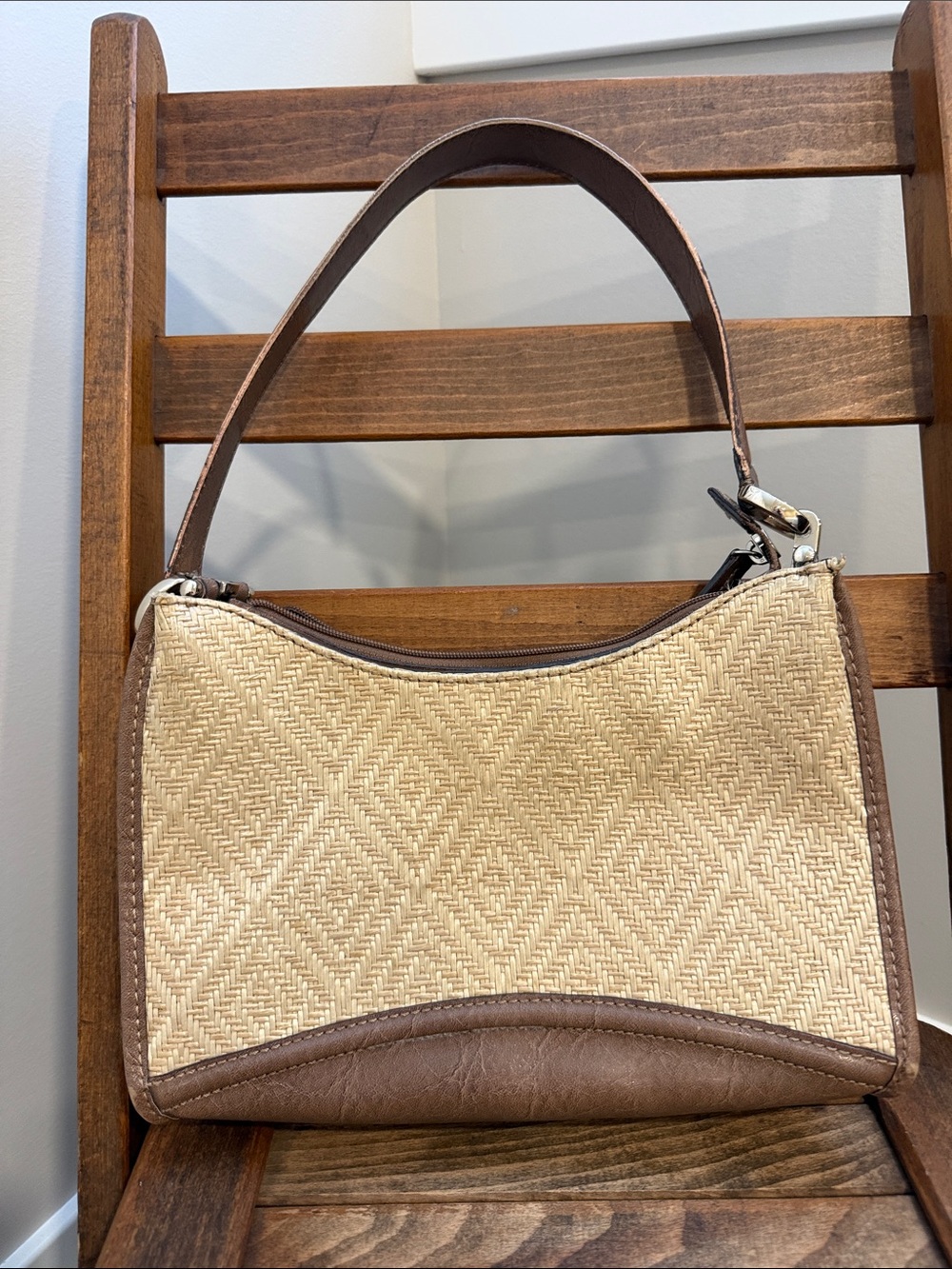 Liz Claiborne Beige Woven Shoulder Bag with Brown Trim
